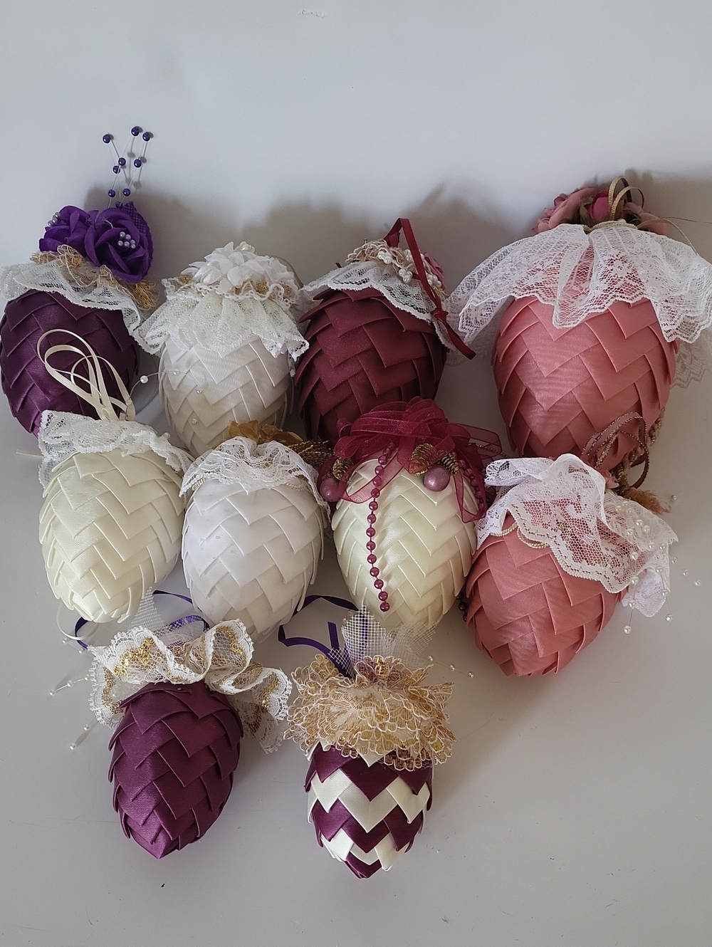 Vintage Style Handcrafted Ribbon Pinecone Ornaments Lot of 9 Quilted Shabby Chic